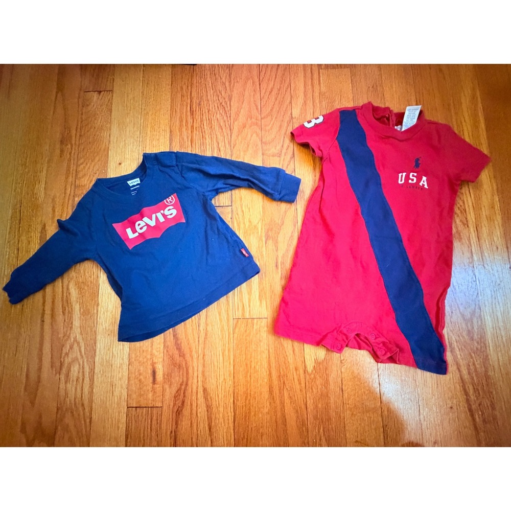 Baby Boys Levis Long Sleeve Tee 6M Ralph Lauren USA Romper 9M Bundle Red Blue